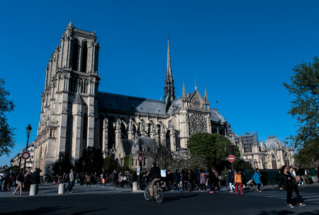 PARIS - April 17, 2015: The view on the famous french landmark Notre Dame de Paris through the winter park on April 17, 2015 in Paris.のeditorial素材
