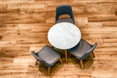 top view of wood tables and  chairsの写真素材