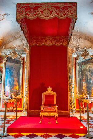 COPENHAGEN,DENMARK -18 OCTOBER 2019: Interior (The Knights Hall of Rosenborg Castle). The main attractions of Rosenborg are the coronation chairs, (King and Queen), guarded by the three silver lions.のeditorial素材