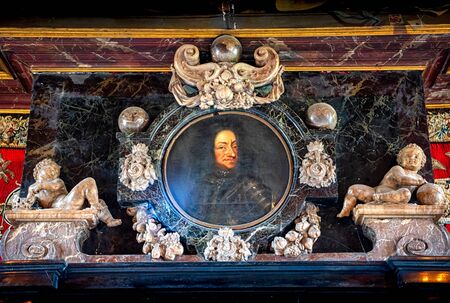 COPENHAGEN,DENMARK -18 OCTOBER 2019: Interior (The Knights Hall of Rosenborg Castle). The main attractions of Rosenborg are the coronation chairs, (King and Queen), guarded by the three silver lions.のeditorial素材
