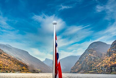 A view on the Songefjorden (King of the Fjords) from the water level. It is the deepest fjord in...