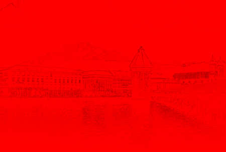 LUZERN, SWITZERLAND - APRIL 11:Chapel bridge famous place on lake Luzern with snow mountain behide, APRIL 11,2015, Lucerne, Switzerland. Chapel bridge famous place on lake Lucerne Switzerland, Europe.のeditorial素材