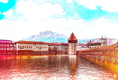 LUZERN, SWITZERLAND - APRIL 11:Chapel bridge famous place on lake Luzern with snow mountain behide, APRIL 11,2015, Lucerne, Switzerland. Chapel bridge famous place on lake Lucerne Switzerland, Europe.のeditorial素材
