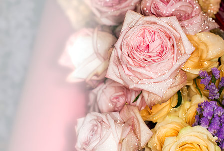 beautiful flowers wall background with amazing rosesの写真素材