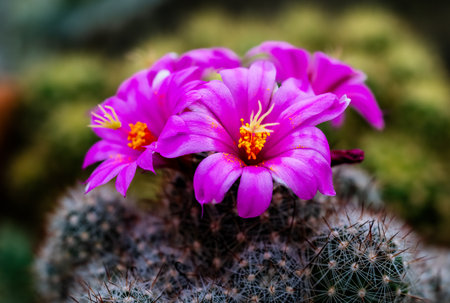 Close-up of pink flowers of cactus mammillaria bloomingの写真素材