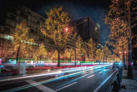 OSAKA, JAPAN - DEC 30 2023 : A lot of decorating light on the trees on the street of Osaka city, Japanのeditorial素材