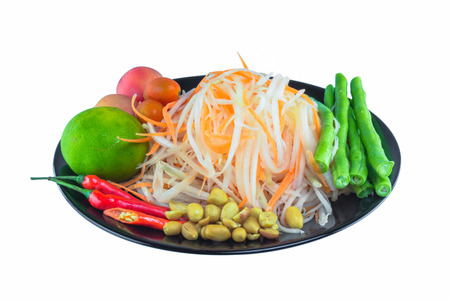 Papaya salad ingredients on Black plateの写真素材