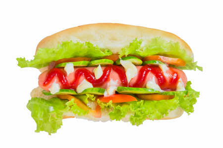 Hot dog and bread isolated on white backgroundの写真素材