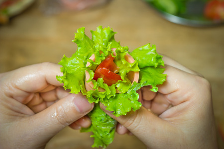 Hand holding bologna roll with vegetablesの写真素材