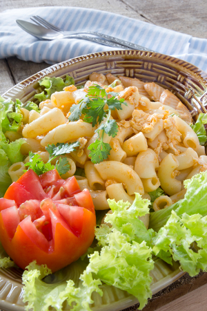 fried macaroni with sausageの写真素材