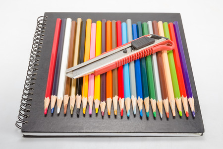 cutter and colorful crayons on background.