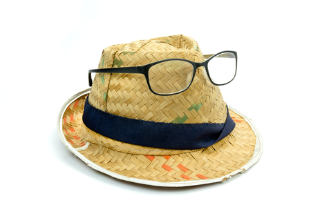 Old hat made of woven with eyeglassesの写真素材
