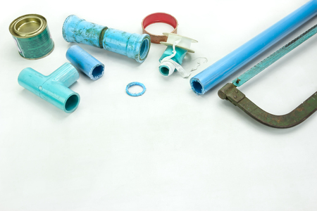 Plumbing tool pipes and equipment on backgroundの写真素材