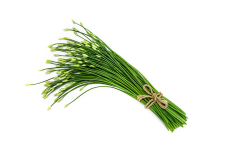 garlic chive in threshing basket isolated on white.の写真素材
