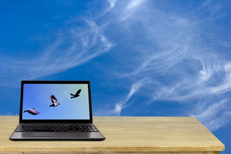 laptop on desk with sky backgroundの写真素材