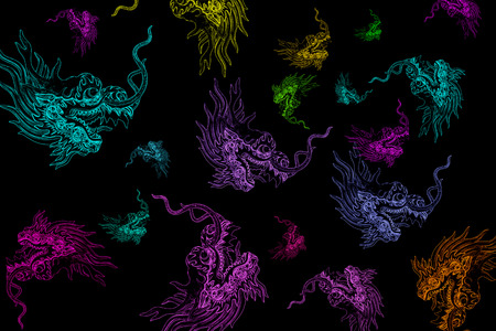 Abstract colorful head dragon isolated on black backgroundの写真素材