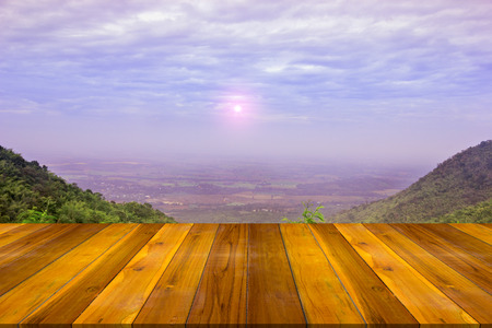 Empty wooden board space platform with morning landscapeの写真素材