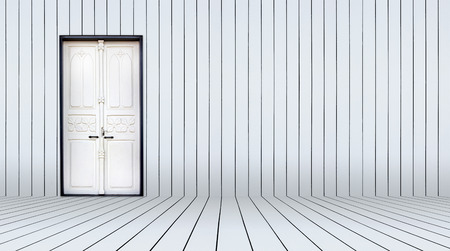 empty room with white door and wooden wallの写真素材