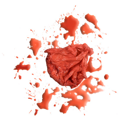 closeup drops of red blood isolated on white background,abstract patternの写真素材