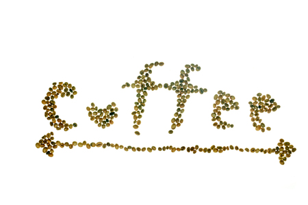 word coffee spelled with bean seeds isolated on white backgroundの写真素材