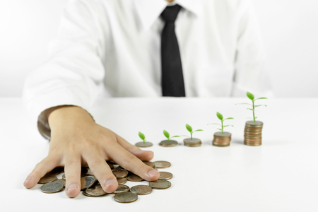 businessman holding coin with tree and coins stacks on white backgroundの写真素材