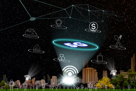 5G network interface and icon concept with cityscape