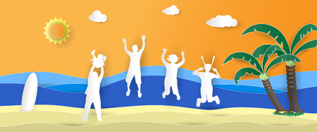 Sea view in summer with happy family and friends jumping on the beach of paper art styleの写真素材