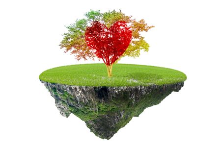 floating island with tree pastel colored  gradient and red heart-shaped isolated on white background for landscape paradise conceptの写真素材