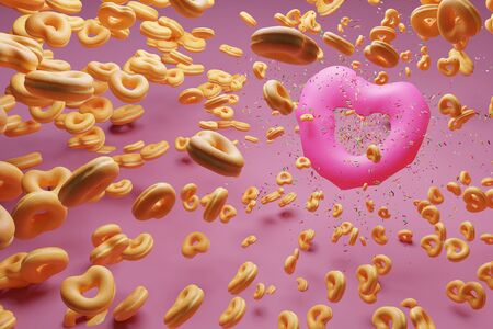 Heart shaped two pink donuts with topping on colorful background ,doughnut 3d rendering
