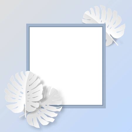 Square frame with white monstera leaves pattern for nature concept,tropical leaf on monochrome gradient background,vector or illustration with paper art styleのイラスト素材