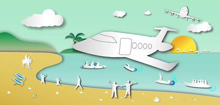 The plane is landing to the beach with sea view and boatman outdoor background of paper art...
