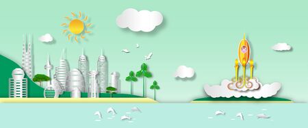 start up of rocket flying from earth to space with landscape cityscape ,vector or illustration with paper art styleのイラスト素材