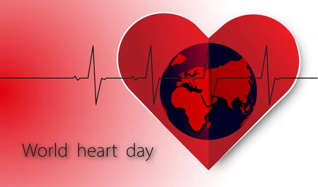 World heart day with heart and pulse and globe on red white background ,vector or illustration with health love conceptのイラスト素材