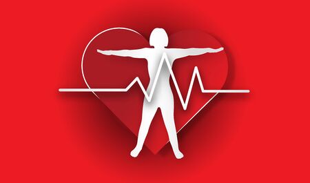 World heart day with heart and pulse and body on red background of paper art style ,vector or illustration with health love conceptのイラスト素材