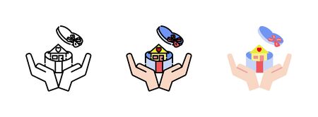 hands holding gift box and heart-shaped icon set isolated on white background for web design