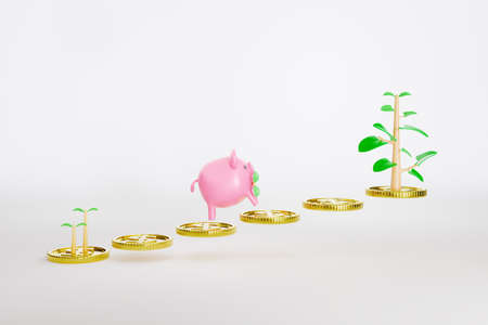 3D rendering piggy bank jump with coins money and tree on white backgroundの写真素材