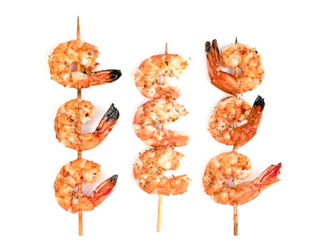 roasted peeled prawn with skewer isolated on white background ,grilled shrimpの写真素材