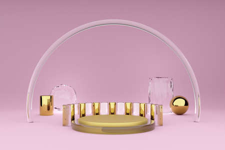 Podium with geometric shapes empty in pink composition for modern stage display and minimalist mockup ,abstract showcase background ,Concept 3d illustration or 3d renderの写真素材