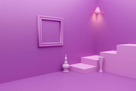 Podium with geometric shapes empty and pottery in purple or violet composition for modern stage display and minimalist mockup ,abstract showcase background ,Concept 3d illustration or 3d renderの写真素材