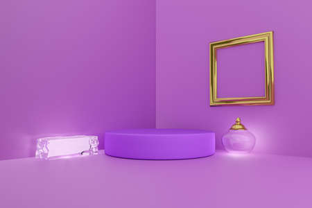 Podium with geometric shapes empty and pottery in purple or violet composition for modern stage...