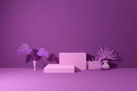 Podium with geometric shapes empty in purple composition for modern stage display and minimalist...