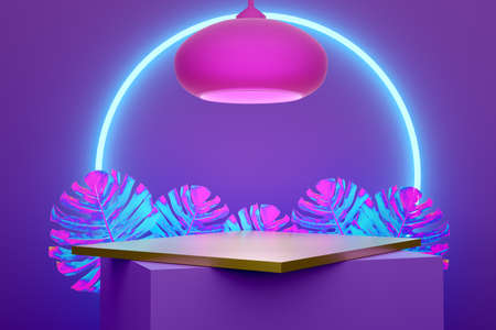 Podium with geometric shapes empty in purple or violet composition for modern stage display and...
