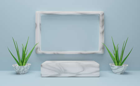 Podium empty with geometric shapes  in sky blue pastel composition for modern stage display and...
