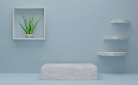 Podium empty with geometric shapes  in sky blue pastel composition for modern stage display and minimalist mockup ,abstract showcase background ,Concept 3d illustration or 3d renderの写真素材
