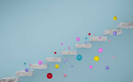 stair with geometric shapes and colorful balls in sky blue pastel composition for modern stage...