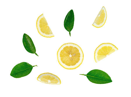 Lemon with leaf isolated on white backgroundの写真素材