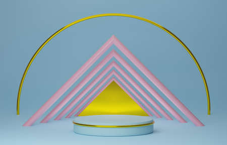 Podium empty with geometric shapes  in sky blue pastel composition for modern stage display and...