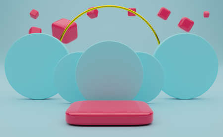 Podium empty with colorful geometric shapes  in sky blue pastel composition for modern stage display...
