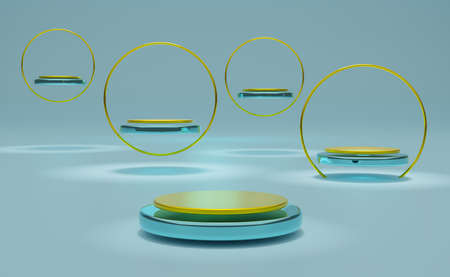 Podium empty with geometric shapes  in sky blue pastel composition for modern stage display and...