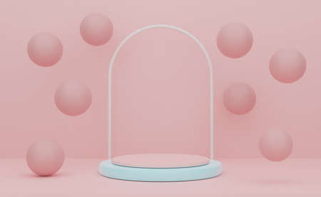 à¸´blue podium with geometric shapes empty in pink composition for modern stage display and...